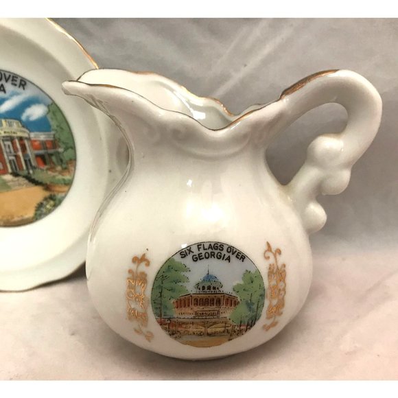 Six Flags Over Georgia Miniature Pitcher & Plate 1970s Crystal Pistol & Carousel - Picture 2 of 8